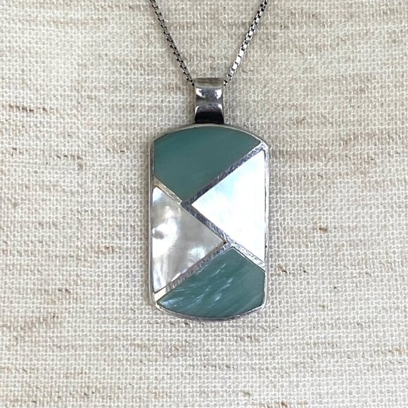 Sterling Silver 925 Dyed Mother Of Pearl MOP Geometric Inlay Pendant Necklace - Picture 12 of 16